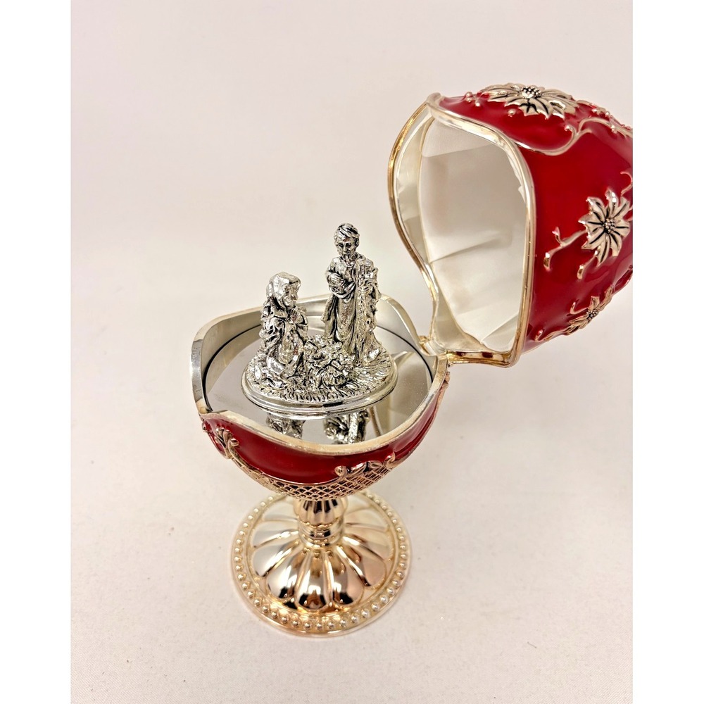 HTF Wallace 2002 Red Enamel Nativity Egg Trinket Box Christmas Decor 8.5" Tall